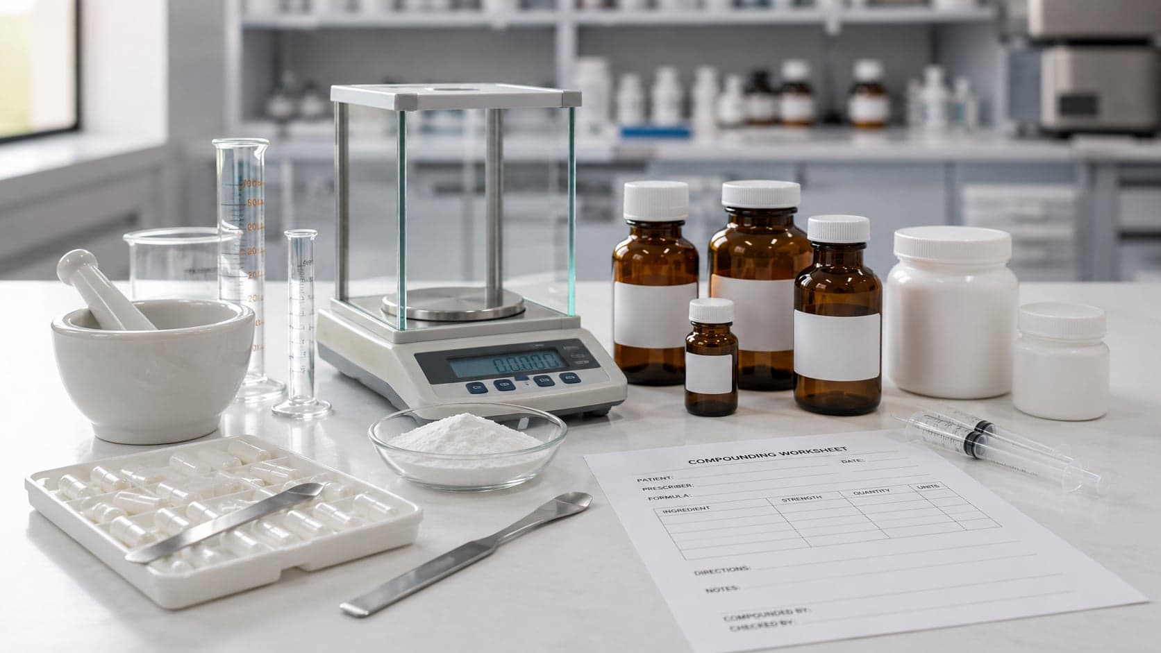 Banco de preparación con balanza analítica, mortero y materia prima USP/NF — sede de Santa Cruz Pharma Care en Bayamón, Puerto Rico.